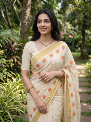 Tissue Cream Orange Lotus Print Kerala Saree with Golden Zari Border