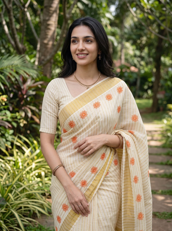 Tissue Cream Orange Lotus Print Kerala Saree with Golden Zari Border