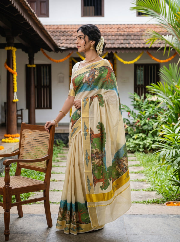 A woman wearing a cream-colored printed saree stands in a garden courtyard beside a wooden chair. The saree has green, blue, and yellow scenic illustrations with a yellow border.