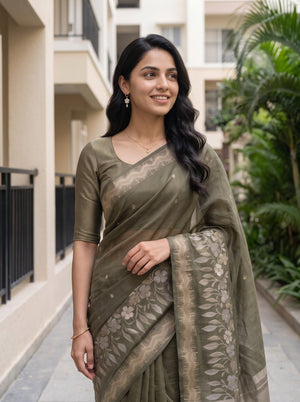 Cotton Silk Olive Green Silver Paisley Drop Motif Saree