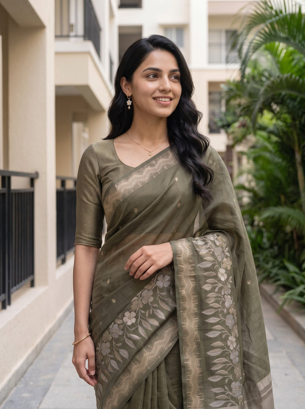 Cotton Silk Olive Green Silver Paisley Drop Motif Saree