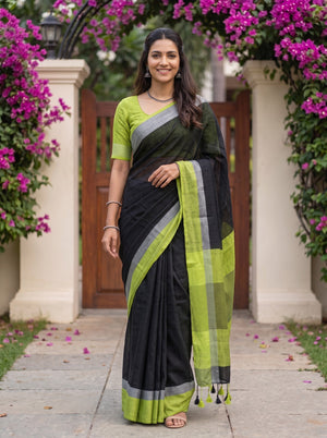 Linen Green Black Colorblock Striped Border Saree