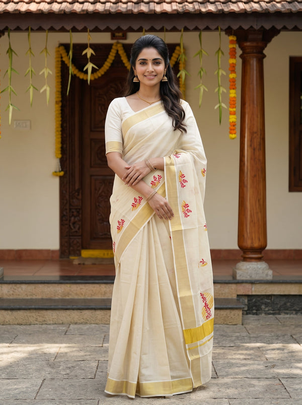 Tissue Cream Red Floral Spring Embroidery Onam Special Kerala Saree with Golden Border