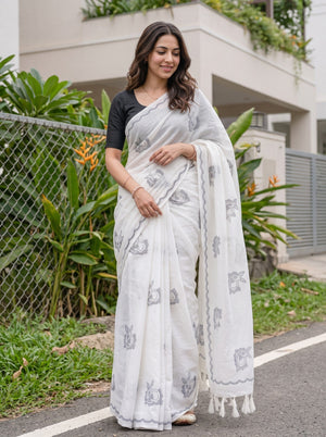 Cotton White Saree with Deer Face Print in Floral Wreath