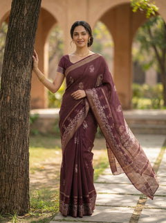 Cotton Silk Wine Maroon Checkered Floral Saree with Golden Vine Border