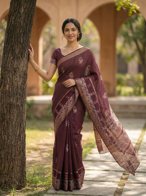 Cotton Silk Wine Maroon Checkered Floral Saree with Golden Vine Border