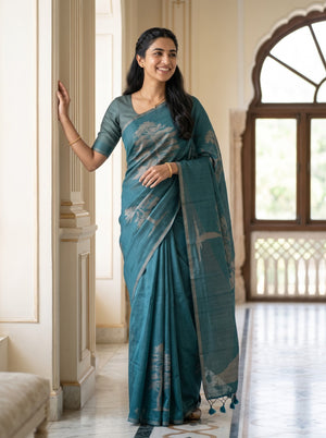 Semi Silk Teal Green Nature Print Saree with Tassels