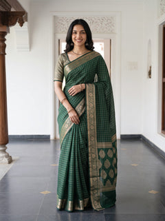 Cotton Silk Bottle Green Golden Paisley Floral Butta Pallu Saree