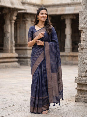 Matka Silk Navy Blue Golden Pinstripe Hexagon Geometric Pallu