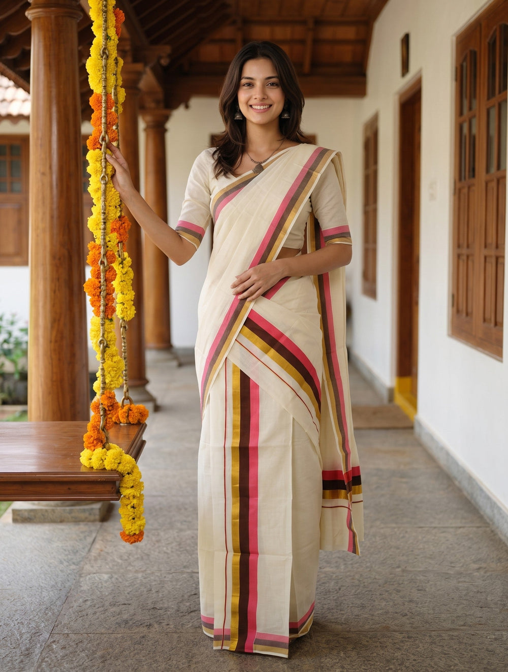 A woman wearing a cream-colored cotton saree with pink, yellow, and green striped borders stands on a traditional porch with wooden pillars and hanging marigold garlands.