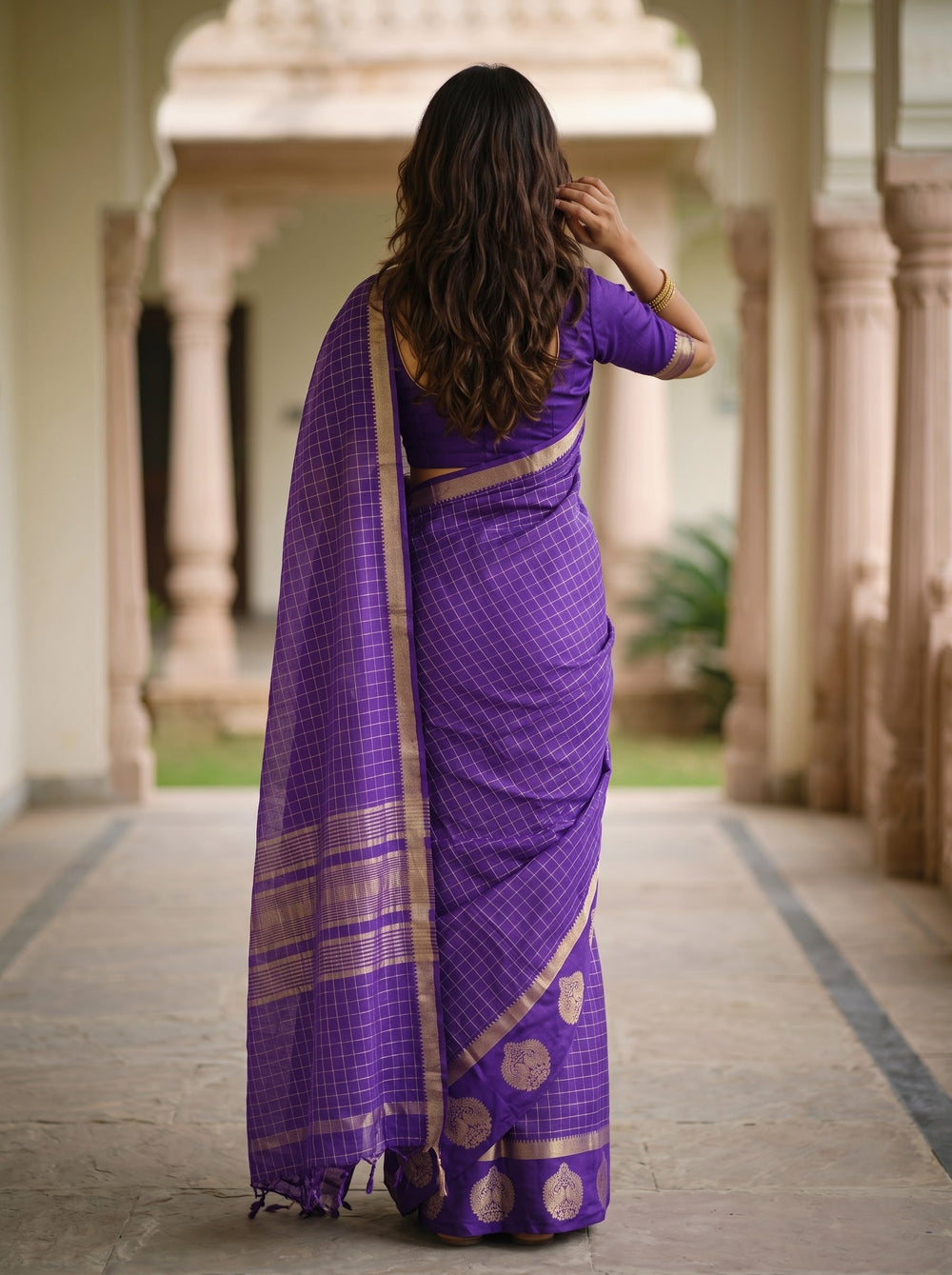 Semi Silk Violet Check Weave Saree with Golden Paisley Border