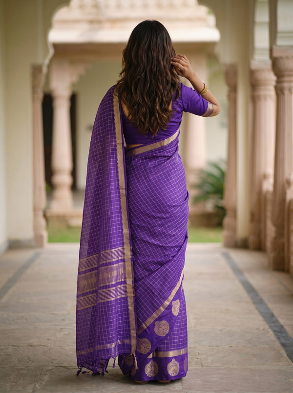 Semi Silk Violet Check Weave Saree with Golden Paisley Border