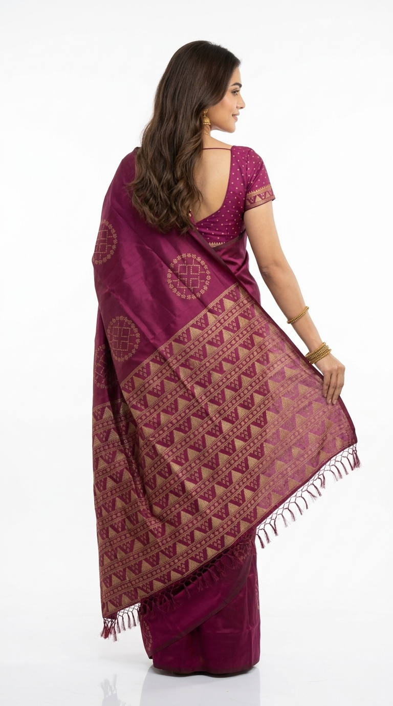 Woman in a maroon saree with intricate patterns standing next to a wooden stool with decorative elements.