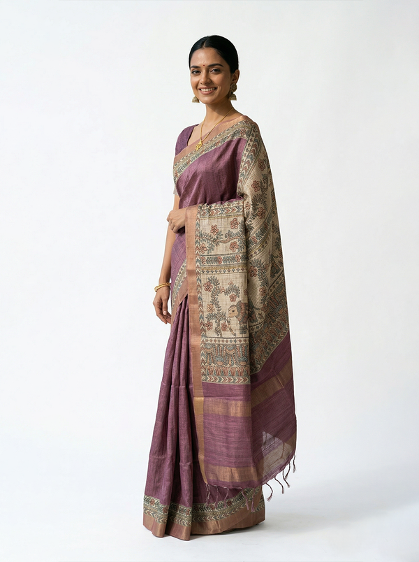 Semi Jute Dusty Mauve Printed Border Saree
