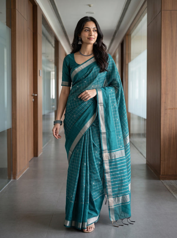 Chanderi Cotton Teal Check Weave Saree with Silver Zari Striped Pallu