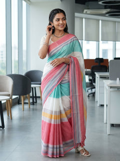 Cotton Pink and Multicolor Wide Striped Pallu Red Tassels Saree
