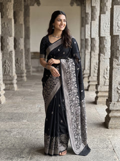 Banarasi Silk Black and Floral Vine Pallu Saree