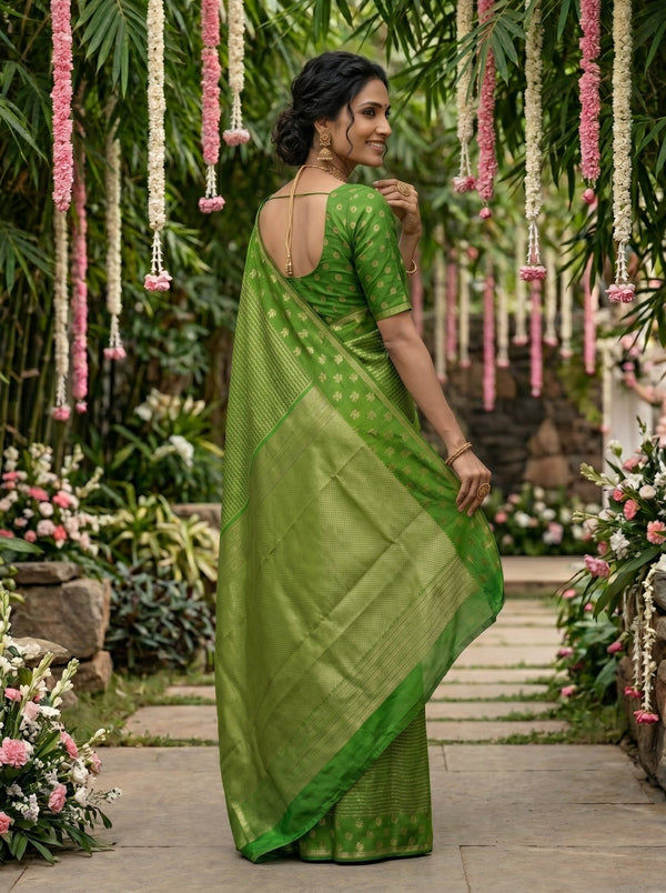 Kanjivaram Parrot Green Saree with All-Over Chevron Weave & Gold Floral Border