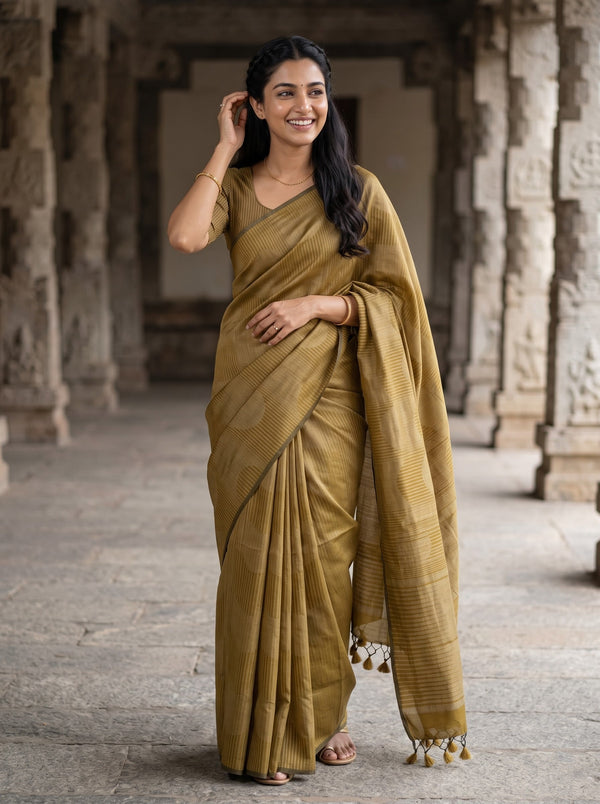Matka Silk Mustard Golden Self-Tone Weave Saree with Tassels