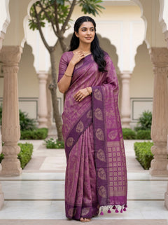 Matka Silk Purple Magenta Gold Zari Floral Checkered Pallu