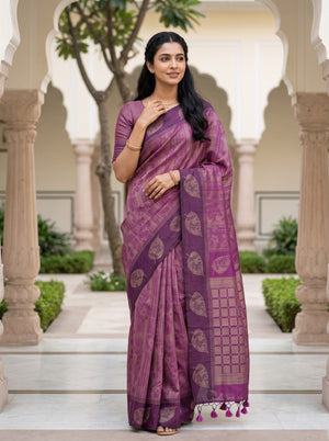 Matka Silk Purple Magenta Gold Zari Floral Checkered Pallu