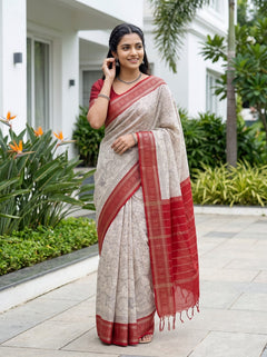 Chanderi Ivory Red Floral Kalamkari Print Saree