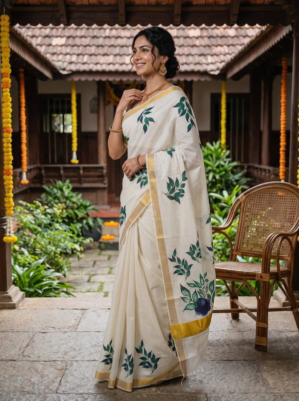 A woman wearing a cream-colored saree with green leaf patterns and gold borders, standing in a traditional courtyard with a wooden chair and tiled roof in the background.
