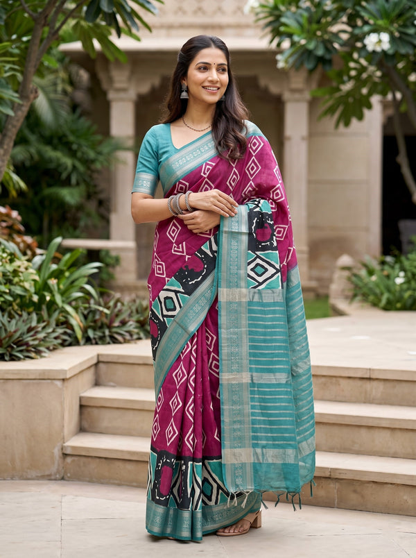 Pure Chanderi White Black Teal Abstract Print Saree