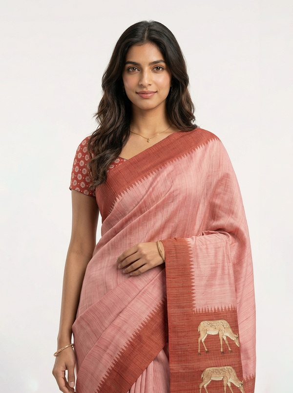Semi Jute Peach Pink Contrast Border Saree