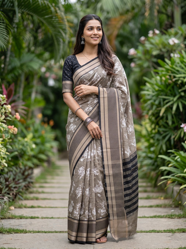 Chanderi Taupe Grey White Floral Print Saree