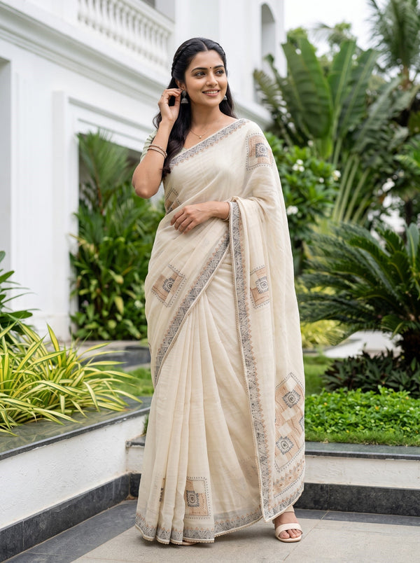 Organza Cream Block Print Patchwork Sequin Embroidered Pallu Saree