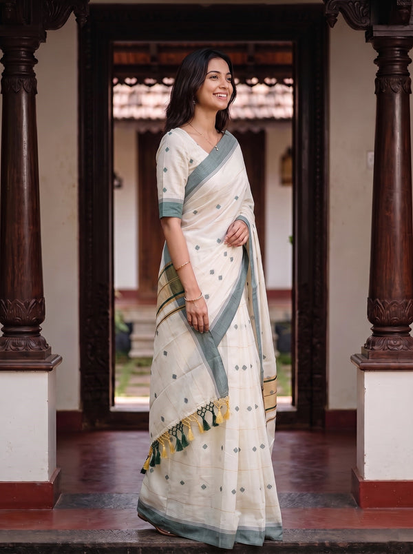 Cotton Cream Green Diamond Booti Onam Kerala Saree
