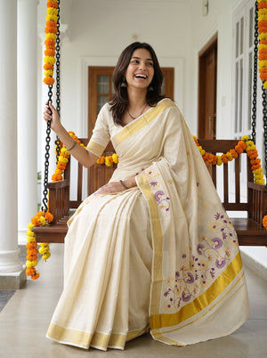 Tissue Cream Embroidered Floral  Onam Special Kerala Saree with Golden Border