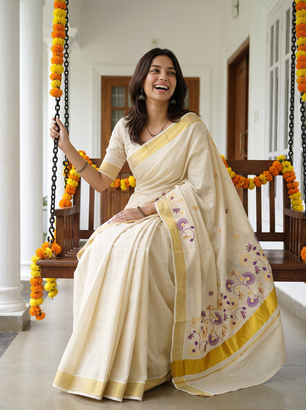 Tissue Cream Embroidered Floral  Onam Special Kerala Saree with Golden Border