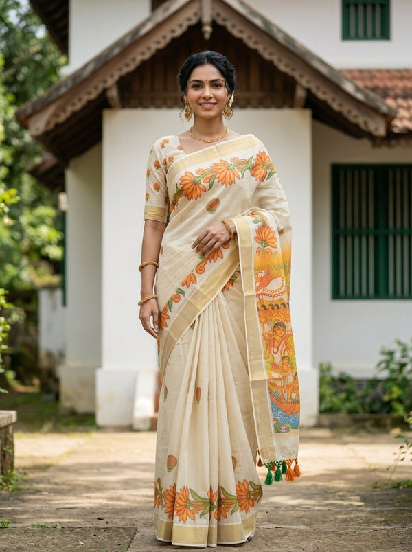 Tissue Cream Floral Mural Scene Print Tasseled Kerala Set Saree