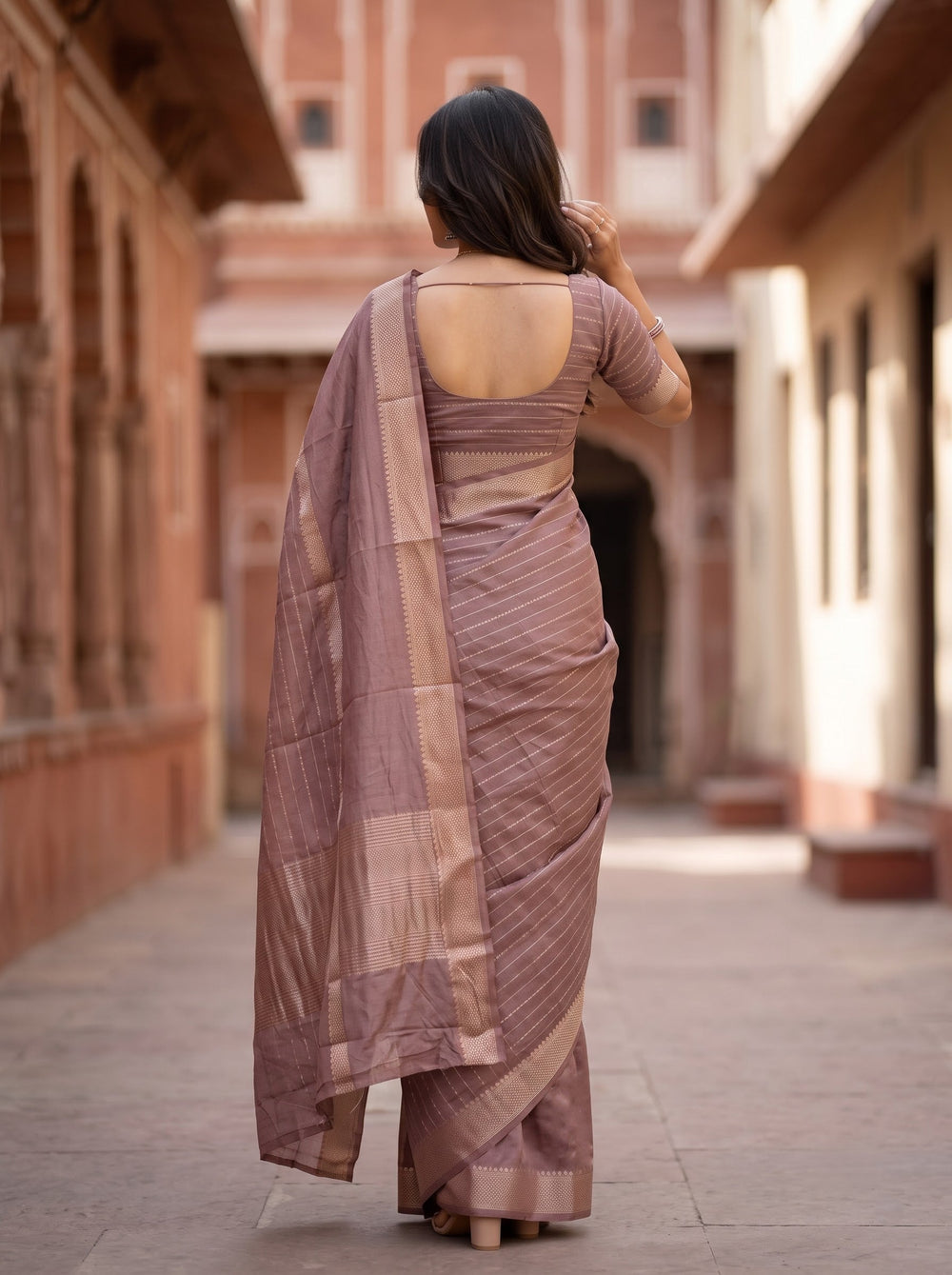 Semi Silk Mauve Dusty Rose Self-Tone Zari Striped Saree