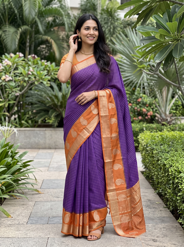 Chanderi Cotton Purple Orange Checkered Paisley Border Saree