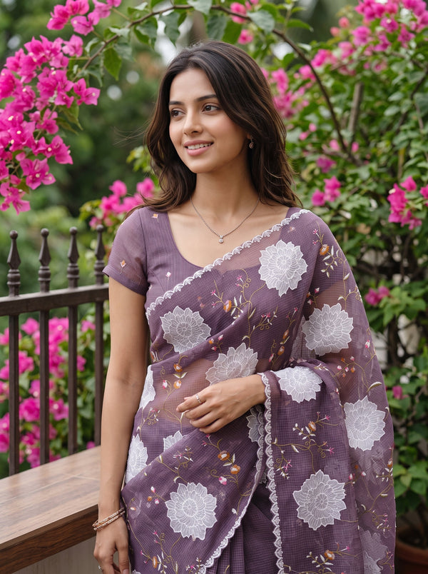 Net Kota Purple White Floral Embroidery Saree