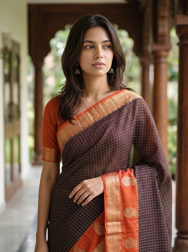 Semi Silk Deep Brown Check Weave Saree with Rust Orange Paisley Border