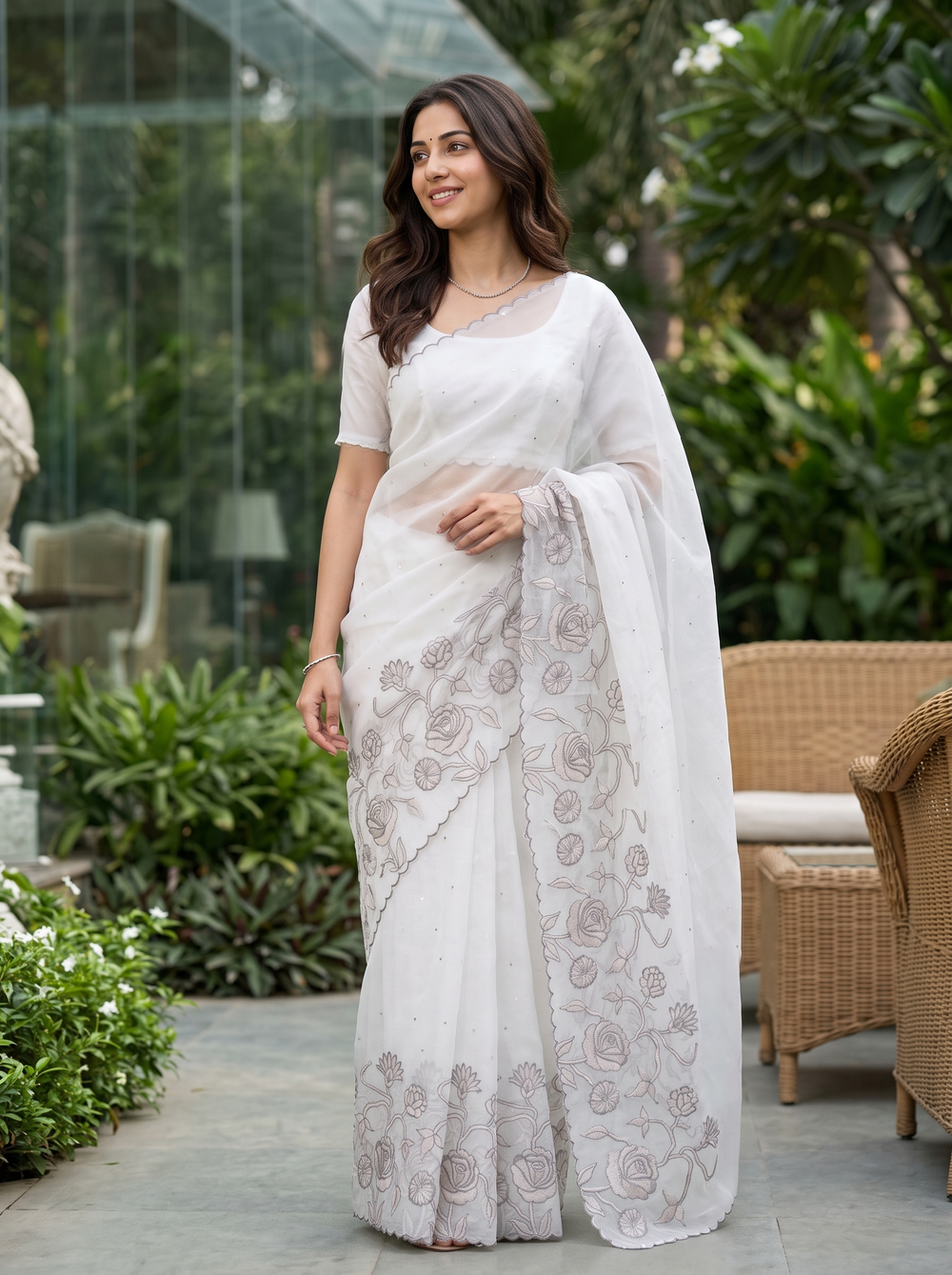 Organza Cream Ivory Grey Thread Rose Vine Applique Embroidered Pallu Sequin Dot Body Saree