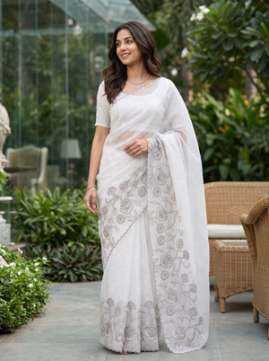 Organza Cream Ivory Grey Thread Rose Vine Applique Embroidered Pallu Sequin Dot Body Saree