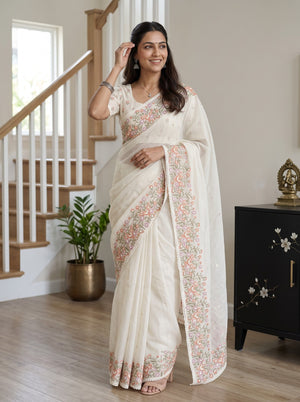 Net Kota Off White Saree with  Floral Embroidery Border