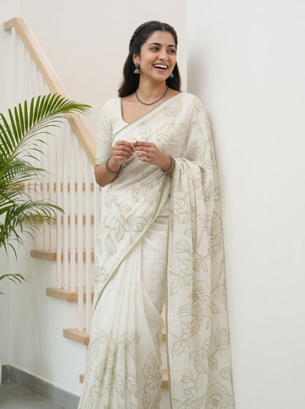 Mul Chanderi White Olive Green Floral Vine Outline Embroidery Border Saree