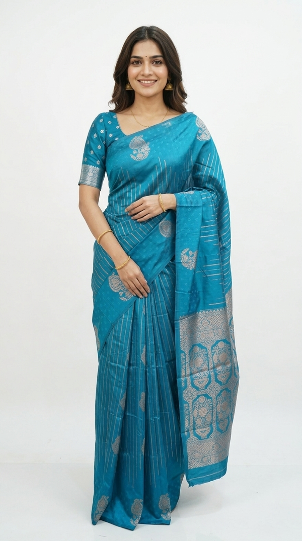 Art Silk Turquoise Blue Striped Floral Zari Saree