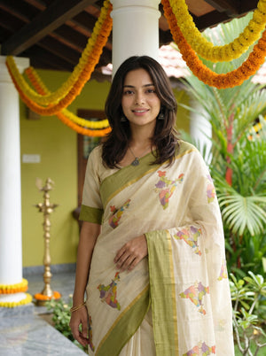 Tissue Cream Multicolor India Map Print Traditional Green Border Festive Kerala Saree
