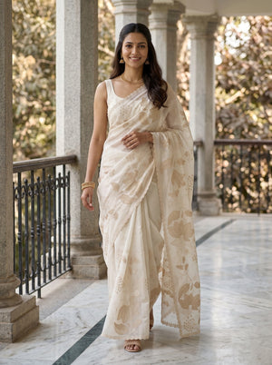 Pure Chanderi Off-White Saree with Embroidered Leaf Motif and Scalloped Border