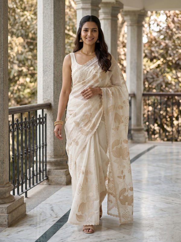 Pure Chanderi Off-White Saree with Embroidered Leaf Motif and Scalloped Border