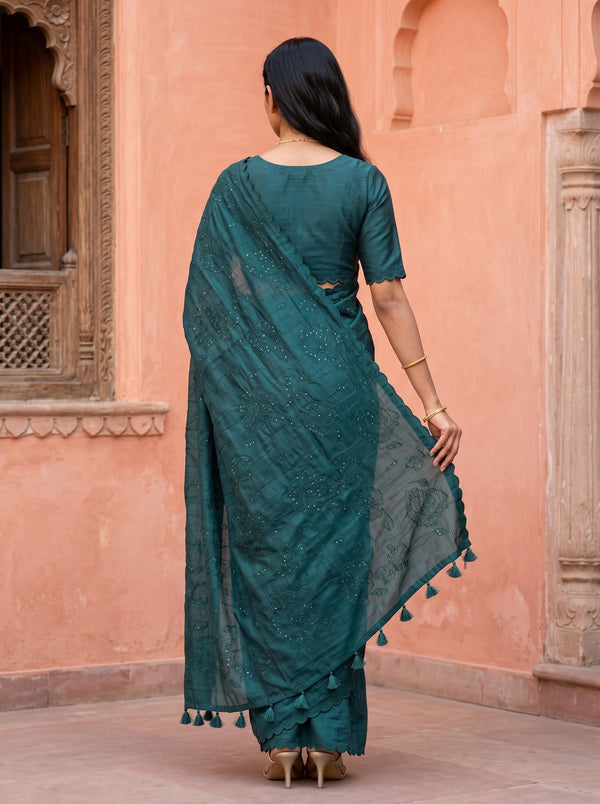 Semi Tussar Bottle Green Floral Vine Embroidered Sequin Saree with Tassel Pallu