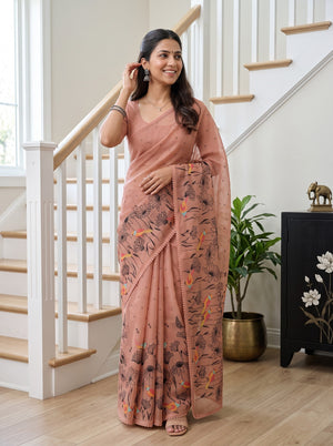 Net Kota Peach Saree with Delicate Floral  Embroidered