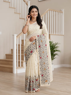 Net Kota Saree in Lemon Yellow with Black Floral Butterfly Print